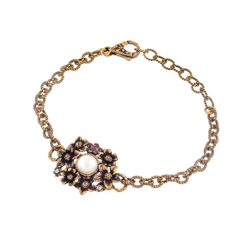 Браслет Alcozer&J, жемчуг, рубин, изумруд, Swarovski, AL2512-B48FW24 золотистый