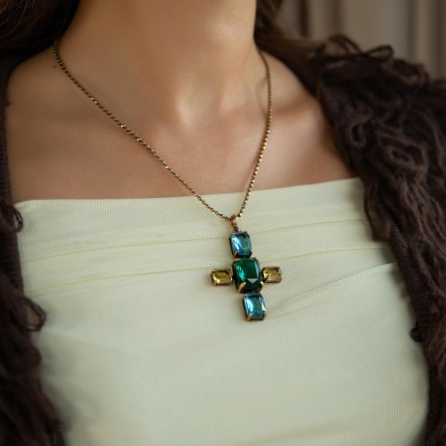 Колье Thot Gioielli, с подвеской-крестом и рейнстоунами, TG25.1-CLV51 зеленый фото 4