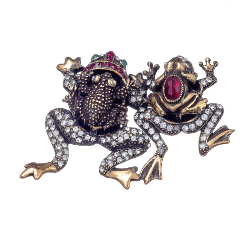 Брошь Alcozer&J, лягушки,жемчуг,гранат, изумруд,Swarovski, AL-S2705C золотистый