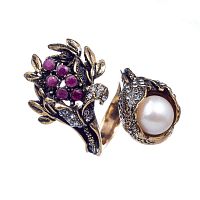 Кольцо Alcozer&J, жемчуг, рубин, кристаллы Swarovski, AL2602-A4327C золотистый