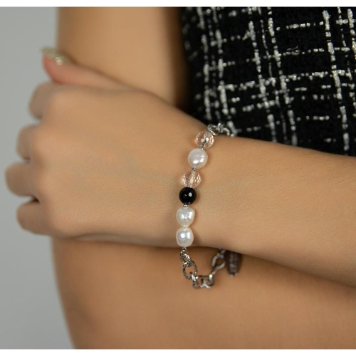 Браслет Lanzerotti, Pianoforte, с жемчугом, ониксом и хрусталем, LZ-25.12-383 серебристый фото 2