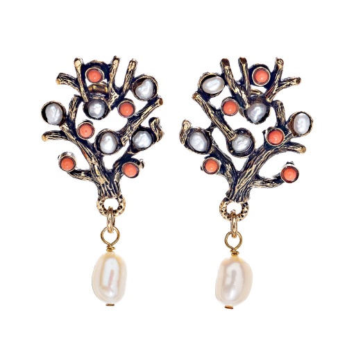 Серьги Alcozer&J, с кораллом и жемчугом, AL2406-OP3224C золотистый