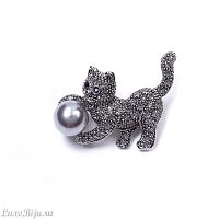 Брошь Moon Paris, Nord, котёнок с жемчужиной, с кристаллами, MoS-22.03-008 серый