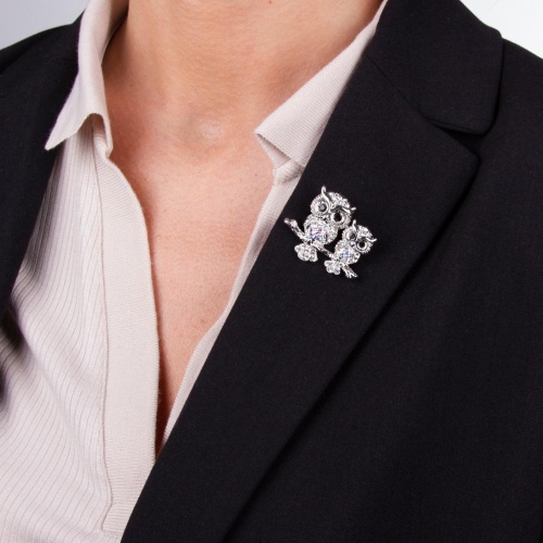 Брошь Moon Paris, Nord, совята на ветке, с кристаллами, MoS-22.03-025 серебристый фото 3