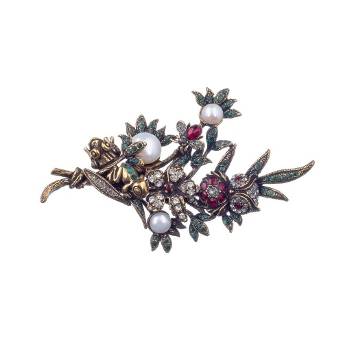 Брошь Alcozer&J, жемчуг, гранат, изумруд, Swarovski, AL-S4344C золотистый