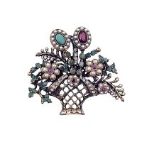 Брошь Alcozer&J, жемчуг, гранат,изумруд, рубин,Swarovski, AL-S3718C золотистый