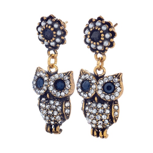 Серьги Alcozer&J, сова,сапфир, жемчуг, кристаллы Swarovski, AL2602-OP3862C золотистый