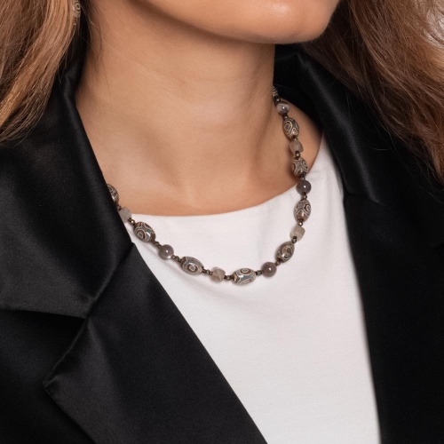 Колье Lanzerotti, Caramello, агат, лунный камень, гематит, пирит, LZ-24.11-494 серый фото 3