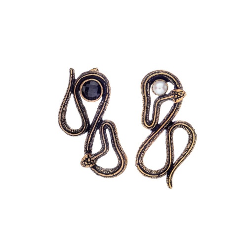 Серьги Alcozer&J, асимметрия, змея с агатом и жемчугом, AL-O68GA24-R золотистый