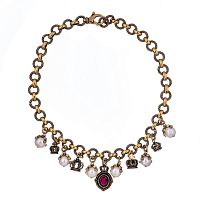 Колье Alcozer&J, гранат, жемчуг, изумруд, Swarovski, AL-C4738C золотистый