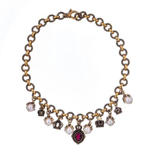 Колье Alcozer&J, гранат, жемчуг, изумруд, Swarovski, AL-C4738C золотистый