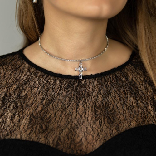 Колье Moon Paris, Ringo Queen, гривна с крестом и кристаллами, MRQ-26.01-001 серебристый фото 3