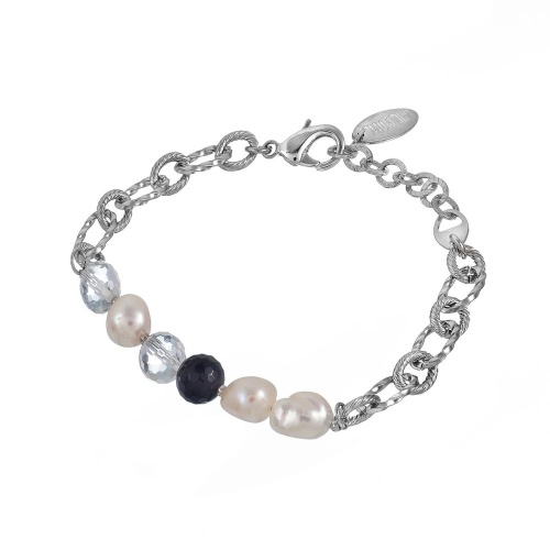 Браслет Lanzerotti, Pianoforte, с жемчугом, ониксом и хрусталем, LZ-25.12-383 серебристый