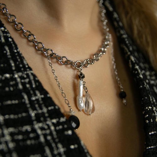 Колье Lanzerotti, Pianoforte, жемчуг, агат, турмалин, оникс, хрусталь, LZ-25.12-375 серебристый фото 2