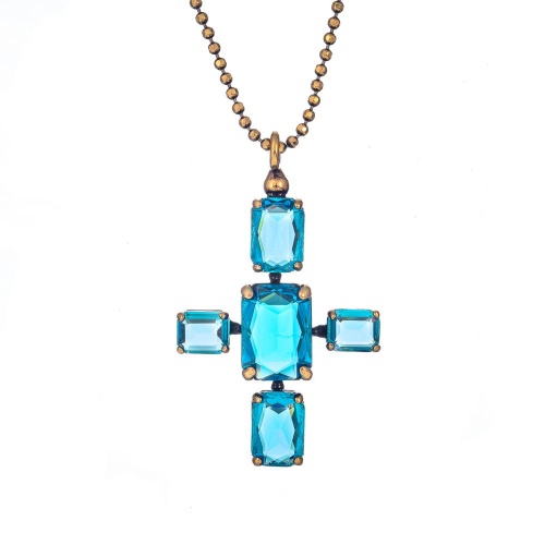 Колье Thot Gioielli, с подвеской-крестом и рейнстоунами, TG25.1-CLV51 аквамариновый