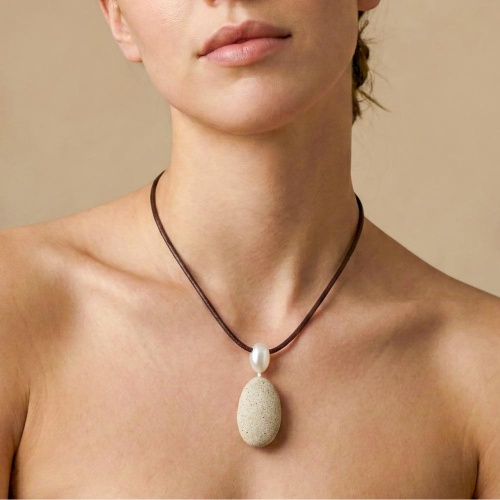 Колье Nature Bijoux, Bora Bora, кожаное, прессованный песок, жемчуг, NB26.2-15-43951 серый фото 2
