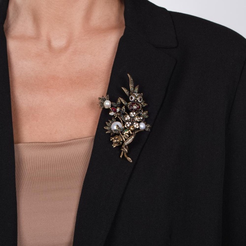 Брошь Alcozer&J, жемчуг, гранат, изумруд, Swarovski, AL-S4344C золотистый фото 2
