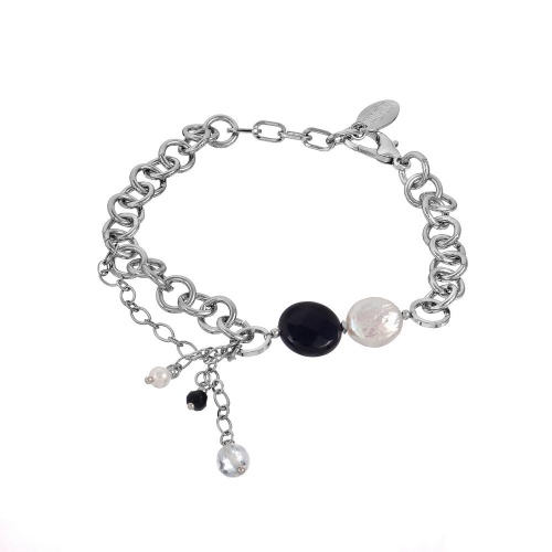 Браслет Lanzerotti, Pianoforte, жемчуг, оникс, хрусталь, перламутр, LZ-25.12-376 серебристый