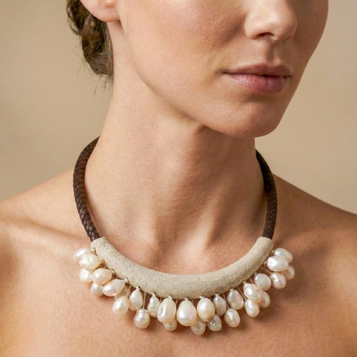 Колье Nature Bijoux, Bora Bora, кожаное, прессованный песок, жемчуг, NB26.2-15-43950 серый фото 2
