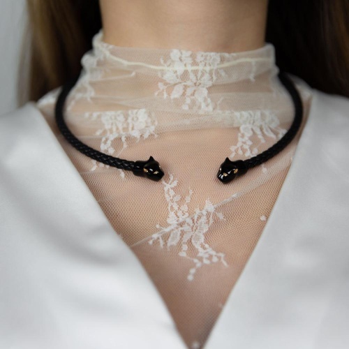 Колье Polina Firenze, гривна, пантера, кристаллы, эмаль, кожа, PF26.1-CL4344 черный фото 3