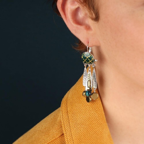Серьги TARATATA, Galapagos, золотая краска, бусины гематита, нефрита, TT-E25-10702-107 зеленый фото 2