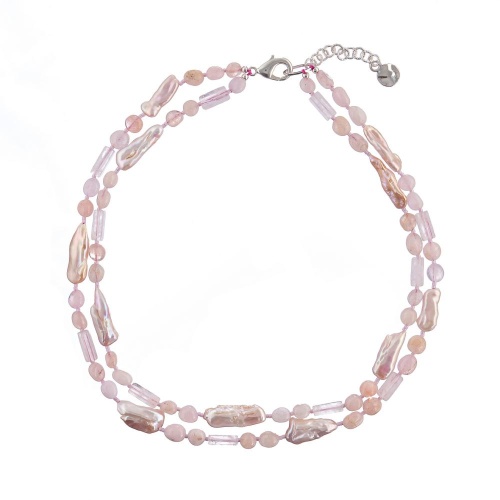 Колье Lanzerotti, Monroe, двойное, с розовым кварцем и жемчугом, LZ-23.07-238 розовый