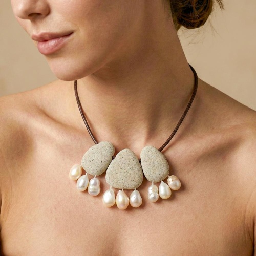 Колье Nature Bijoux, Bora Bora, кожаное, прессованный песок, жемчуг, NB26.2-15-43954 серый фото 2