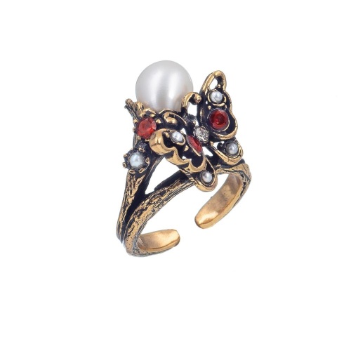Кольцо Alcozer&J, бабочка, жемчуг,гранат, крист. Swarovski, AL-A4457C золотистый
