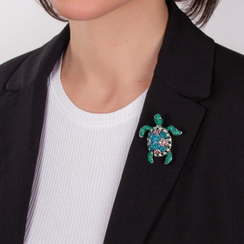 Брошь Moon Paris, черепаха, в обрамлении кристаллов, Mo-22.10-062 зеленый фото 4