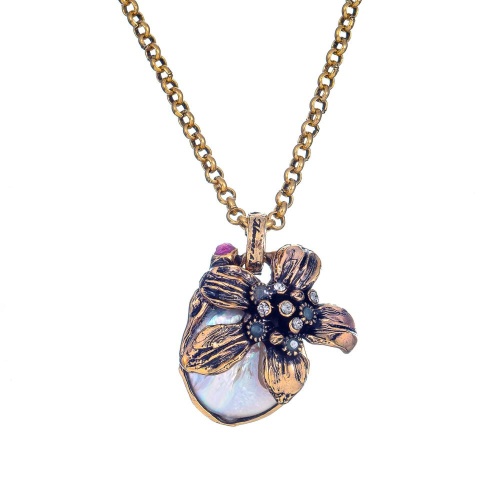 Колье Alcozer&J, жемчуг, рубин, изумруд, Swarovski, AL2502-C68NC24 золотистый