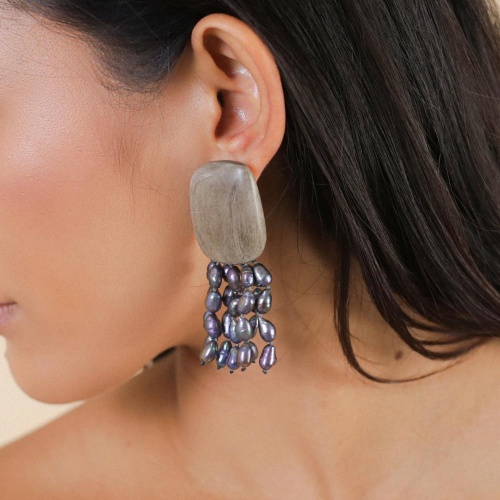 Серьги Nature Bijoux, Pebble Beach, из эбенового дерева, с жемчугом, NB25.2-12-90370 серый фото 3