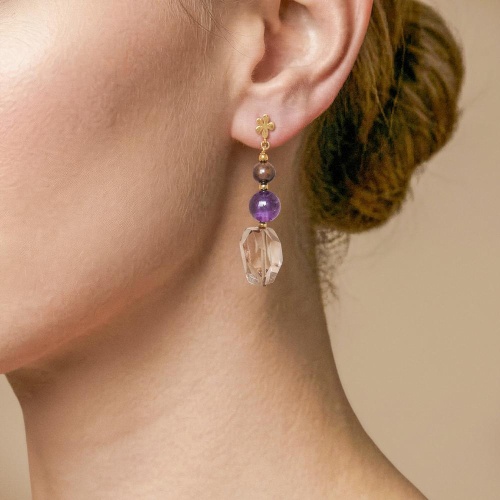 Серьги Nature Bijoux, Belle de nuit, с жемчугом, дымчатым кварцем и аметистом, NB26.2-12-90833 фиолетовый фото 2