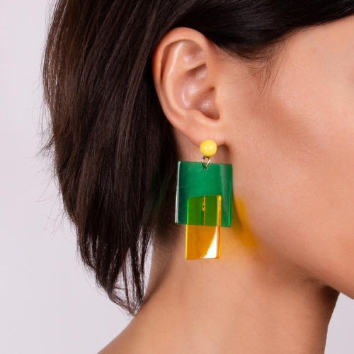 Серьги Moon Paris, Ultra, асимметрия, объемные с квадратами, MU-23.04-011 зеленый фото 2
