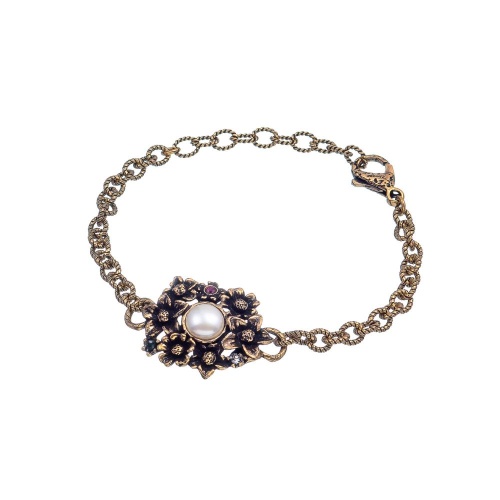 Браслет Alcozer&J, жемчуг, рубин, изумруд, Swarovski, AL2502-B48FB24 золотистый