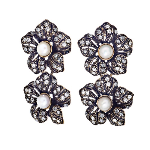Серьги Alcozer&J, цветы, жемчуг, кристаллы Swarovski, AL2406-OP5431C золотистый