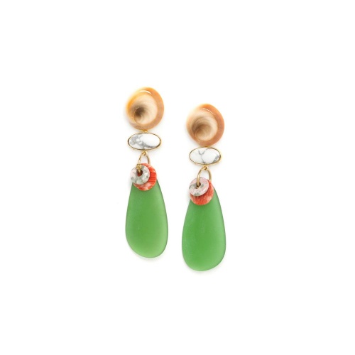 Серьги Nature Bijoux, Cap Ferret, стекло, ракушка, яшма, говлит, гребешок, NB23.1-12-78191 зеленый