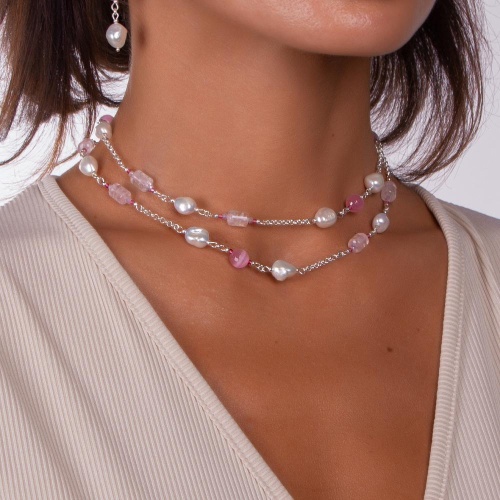 Колье Lanzerotti, Monroe, розовый кварц, жемчуг, кошачий глаз, LZ-23.07-233 розовый фото 3