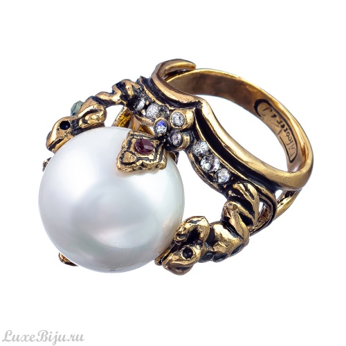 Кольцо Alcozer&J, бусина майорка,изумруд,гранат,Swarovski, AL-A3549C золотистый