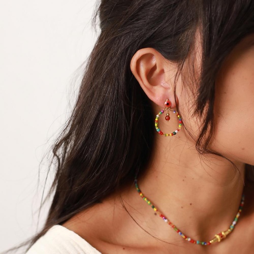 Серьги Nature Bijoux, Raksha, асимметрия,сердолик,цветной бисер,эмаль, NB22.1-12-77357 золотистый фото 6